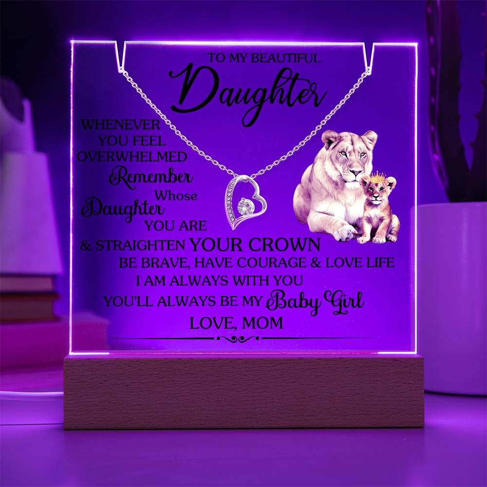 Beautiful keepsake acrylic with Forever Love Necklace and heartfelt message, featuring a mother lion and cub, glowing with purple light.