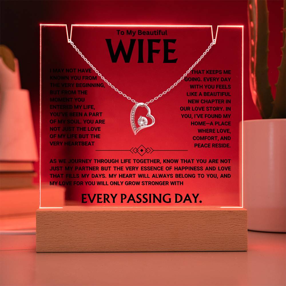 Keepsake acrylic gift for wife with heartfelt message and heart-shaped necklace, perfect for anniversaries or special occasions.