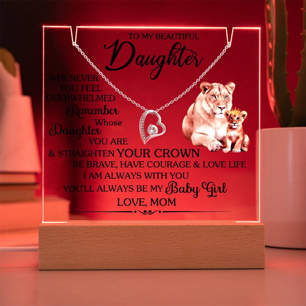 Square acrylic heartfelt message with Forever Love Necklace, featuring a mother and baby lion, perfect gift for daughter.