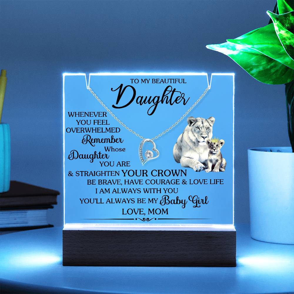 Square Acrylic Keepsake with Forever Love Necklace - Gift from Mom to Daughter - Inspirational Message with Lions