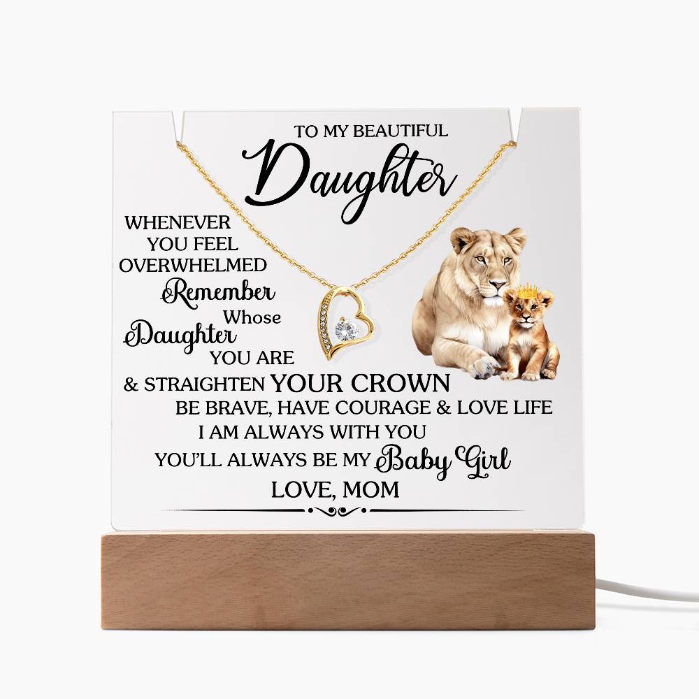 Square acrylic with "To My Beautiful Daughter" message and Forever Love Necklace, featuring lion and cub illustration on a wooden base.