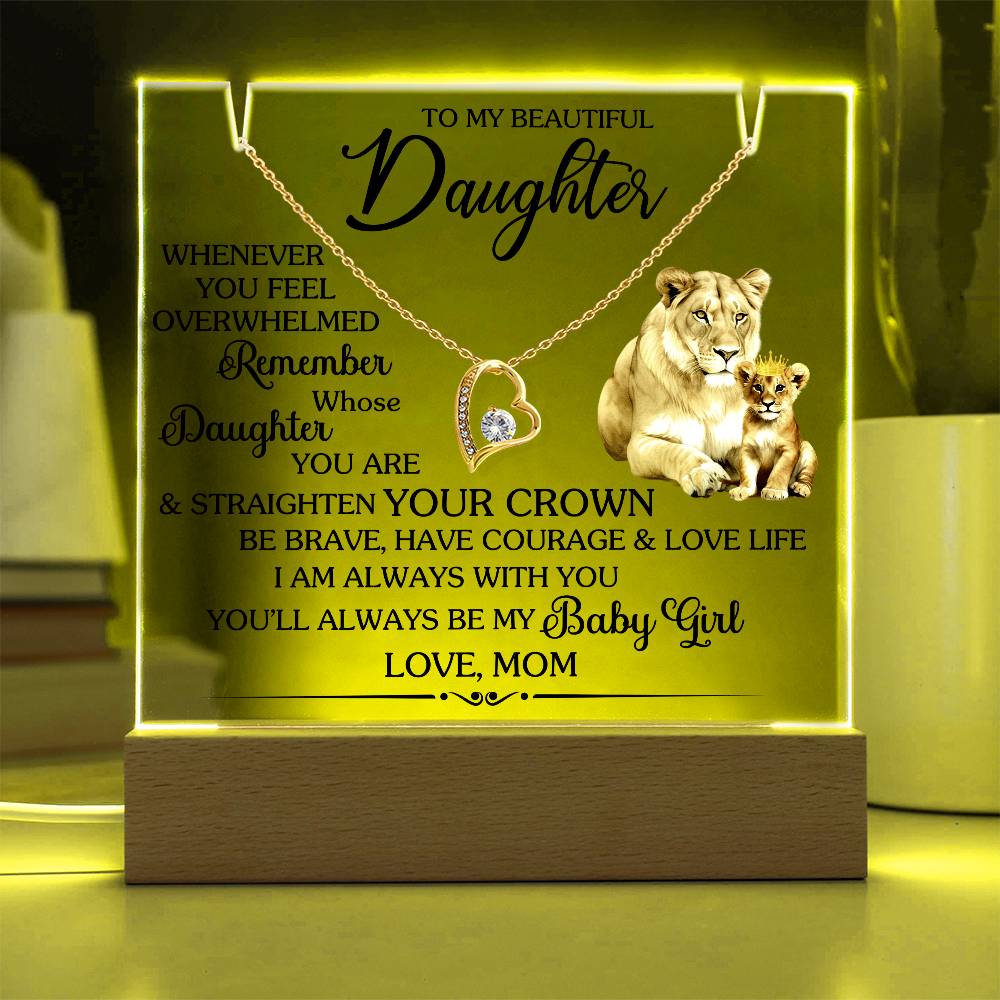 Square acrylic sign with Forever Love Necklace, featuring a lion and cub, with the message "To My Beautiful Daughter" illuminated warmly.