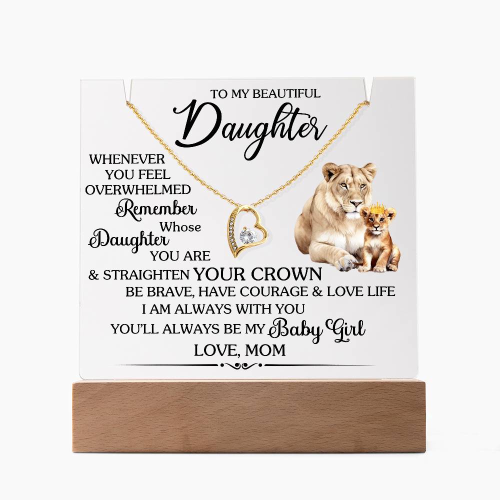 Square acrylic plaque with Forever Love Necklace and sentimental message for daughter, featuring lion illustration and heartfelt words.