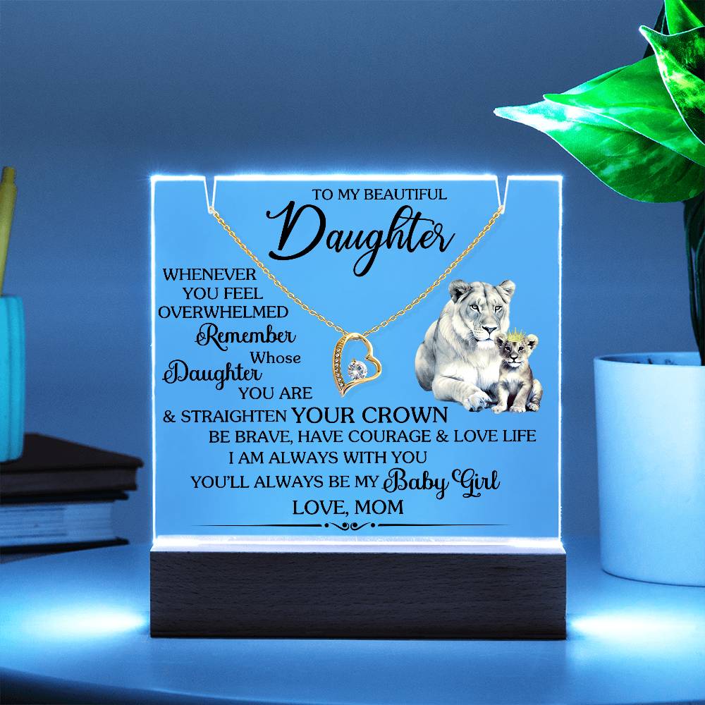 Square acrylic with "To My Beautiful Daughter" message and Forever Love Necklace, perfect for a heartwarming gift.