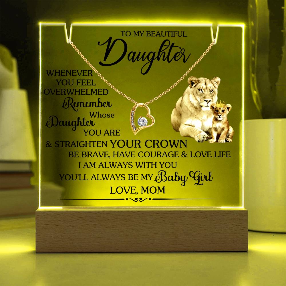 Keepsake acrylic with loving message and Forever Love Necklace, featuring lioness and cub design, for daughter's special gift.