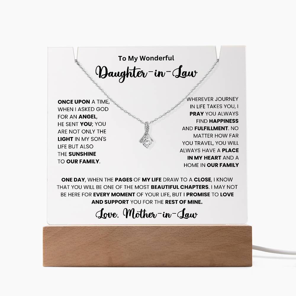 Keepsake acrylic necklace gift with heartfelt message for daughter-in-law from mother-in-law, perfect for special occasions.