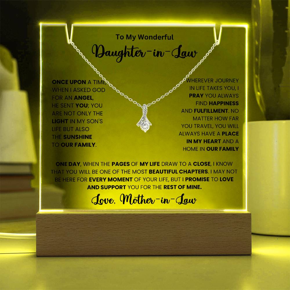 Keepsake acrylic necklace gift for daughter-in-law with heartfelt message from mother-in-law displayed on illuminated square acrylic plaque