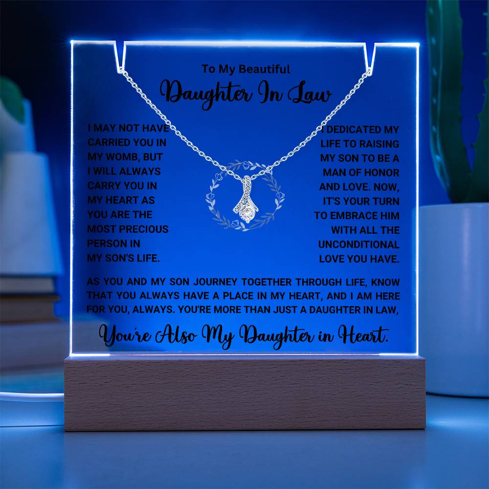 Keepsake acrylic gift with heartfelt message and necklace for daughter-in-law, perfect for showing appreciation and love. Special gift sale.