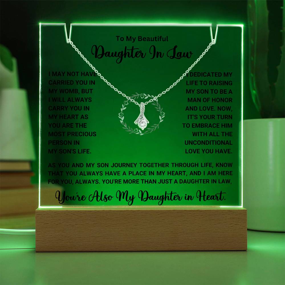 Keepsake acrylic gift with heartfelt message and necklace for daughter-in-law, perfect for showing appreciation and love. Special gift sale.