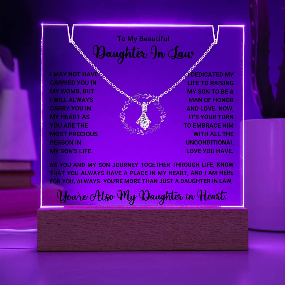 Keepsake acrylic gift with heartfelt message and necklace for daughter-in-law, perfect for showing appreciation and love. Special gift sale.