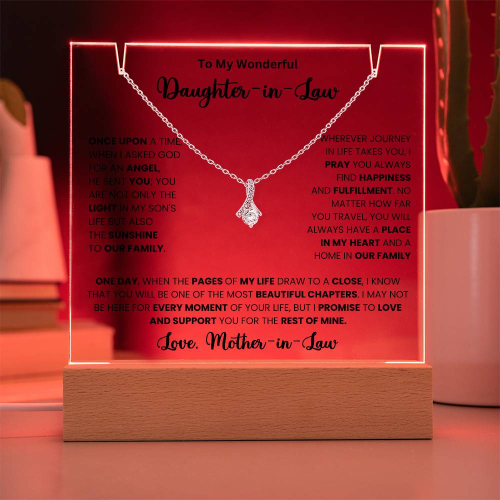 Keepsake Acrylic Necklace with heartfelt message for daughter-in-law, featuring a delicate Alluring Beauty Necklace and glowing acrylic display.