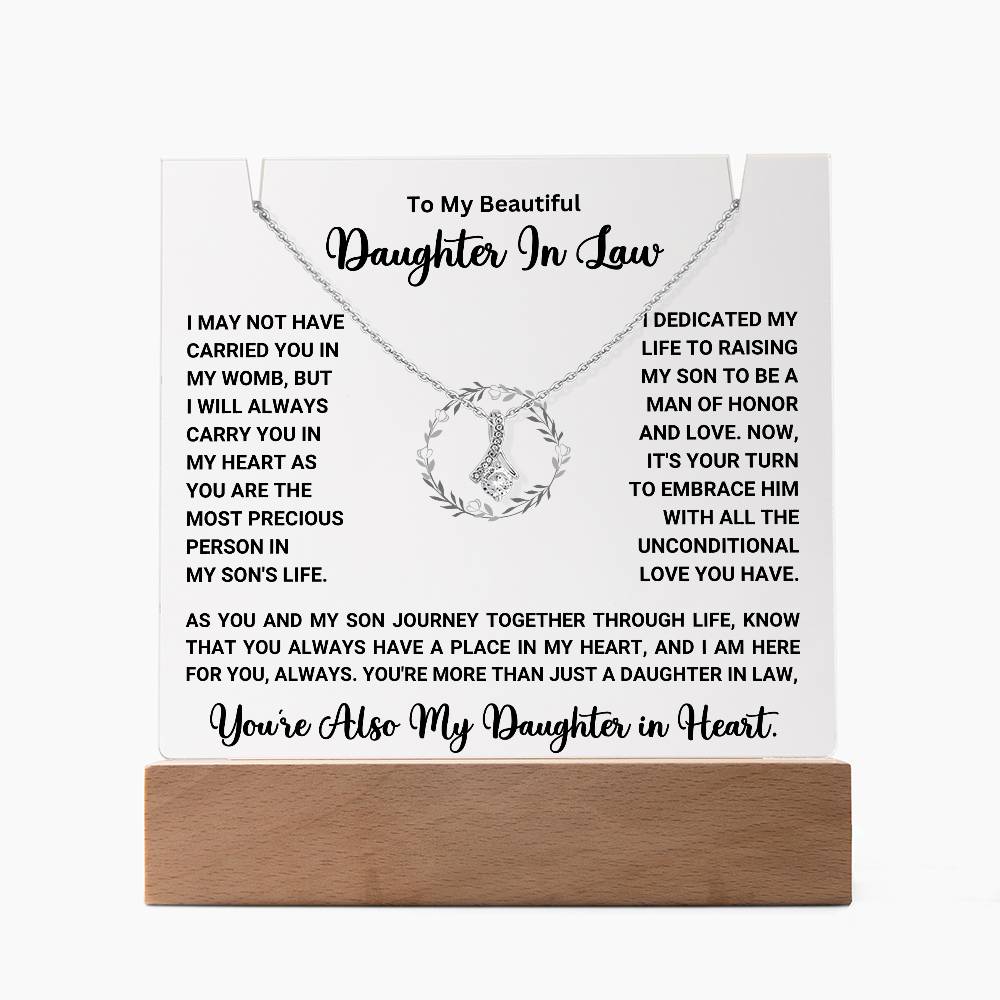 Keepsake acrylic necklace with sentimental message for daughter-in-law, perfect gift to show appreciation and love, including free shipping.