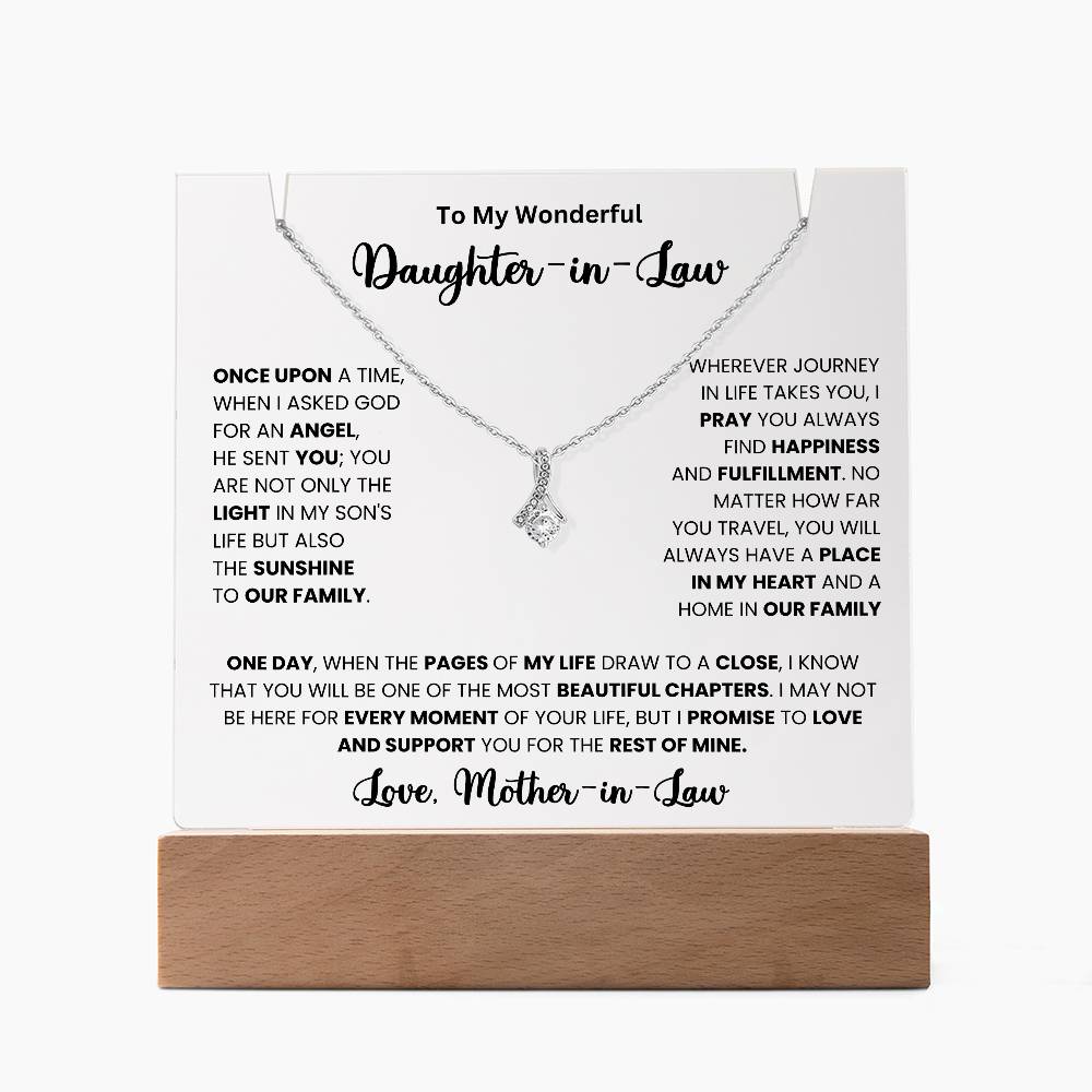 Keepsake Acrylic Necklace with heartfelt message for Daughter-in-Law on wooden stand