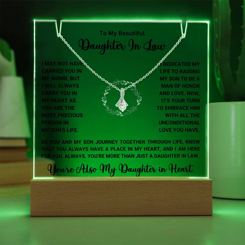 Keepsake acrylic gift with heartfelt message and necklace for daughter-in-law, perfect for showing appreciation and love. Special gift sale.