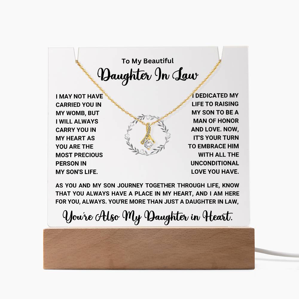 Keepsake acrylic gift with sentimental message for daughter-in-law and necklace, perfect for showing appreciation and love.