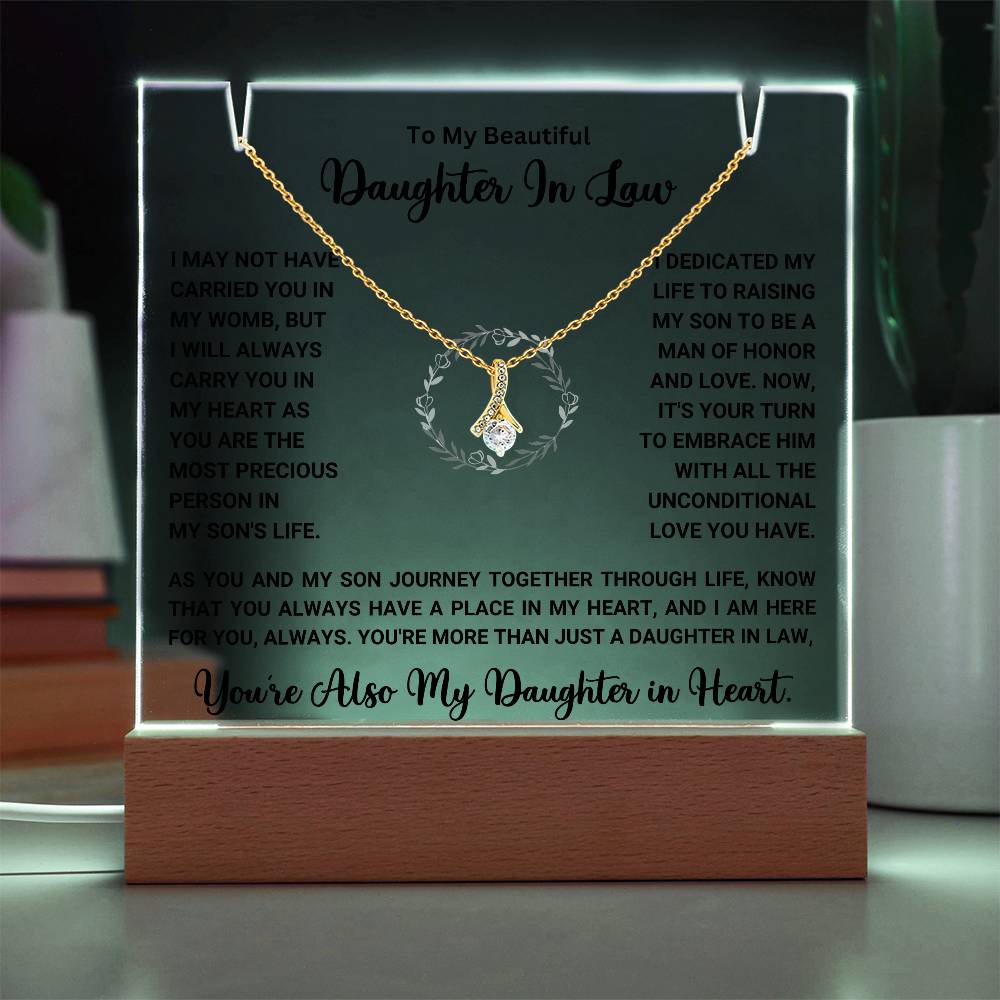 Keepsake acrylic gift with heartfelt message and necklace for daughter-in-law, perfect for showing appreciation and love. Special gift sale.