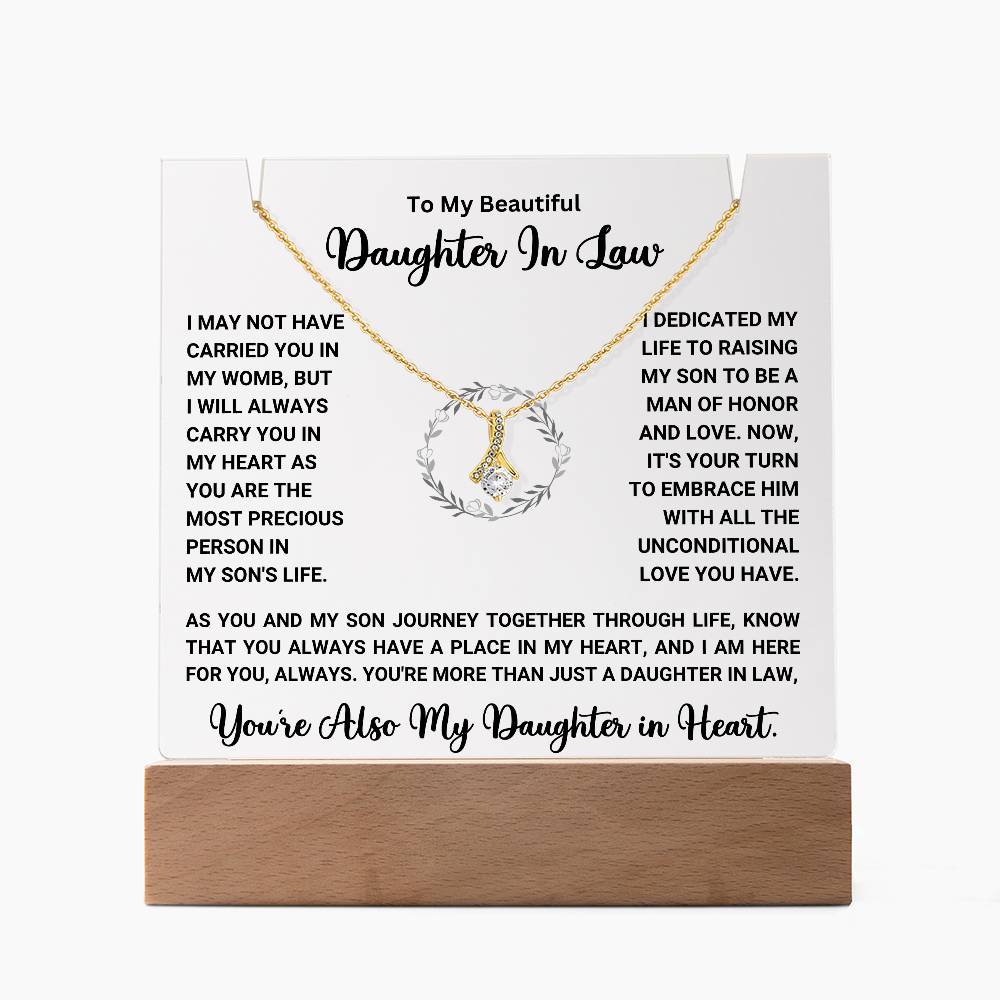 Keepsake acrylic gift with heartfelt message and necklace for daughter-in-law, perfect for showing appreciation and love. Special gift sale.