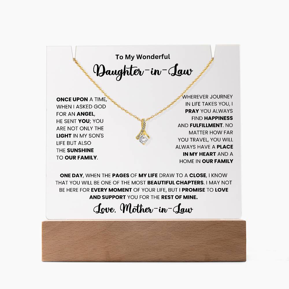 Keepsake Acrylic Necklace with loving message for daughter-in-law from mother-in-law in elegant display