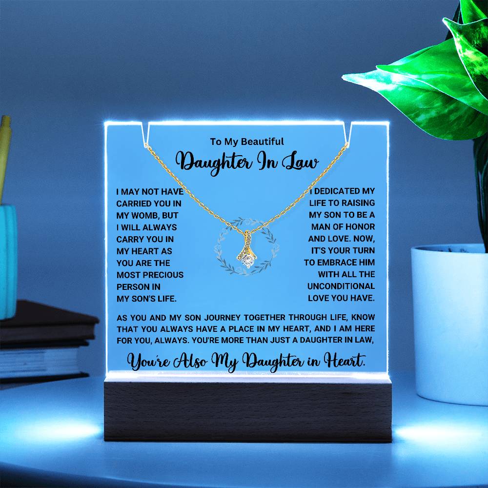 Keepsake acrylic gift with heartfelt message and necklace for daughter-in-law, perfect for showing appreciation and love. Special gift sale.