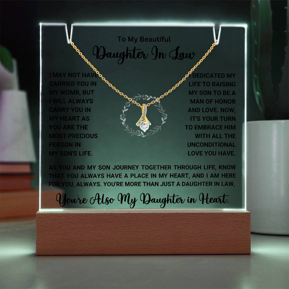 Keepsake acrylic gift with heartfelt message and necklace for daughter-in-law, perfect for showing appreciation and love. Special gift sale.