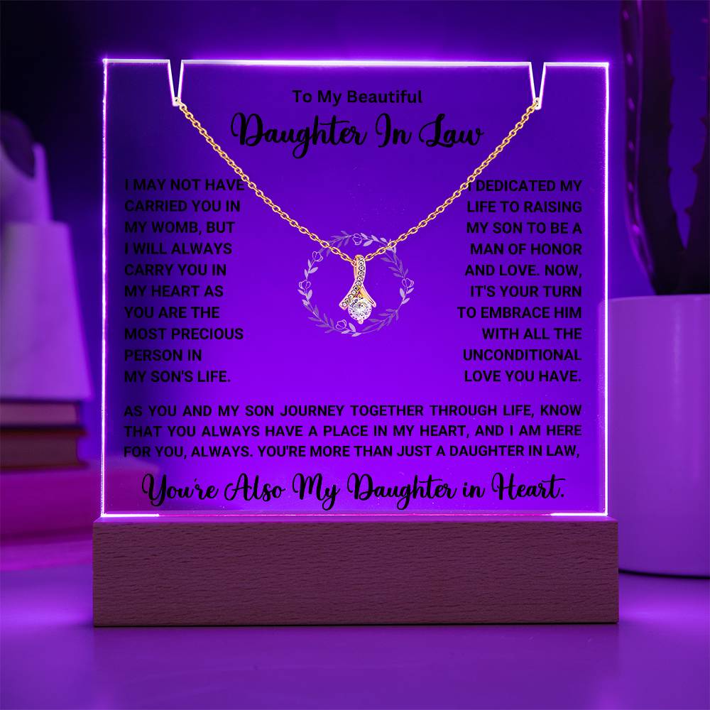 Keepsake acrylic gift for daughter-in-law with heartwarming message and necklace, perfect for showing appreciation and love.