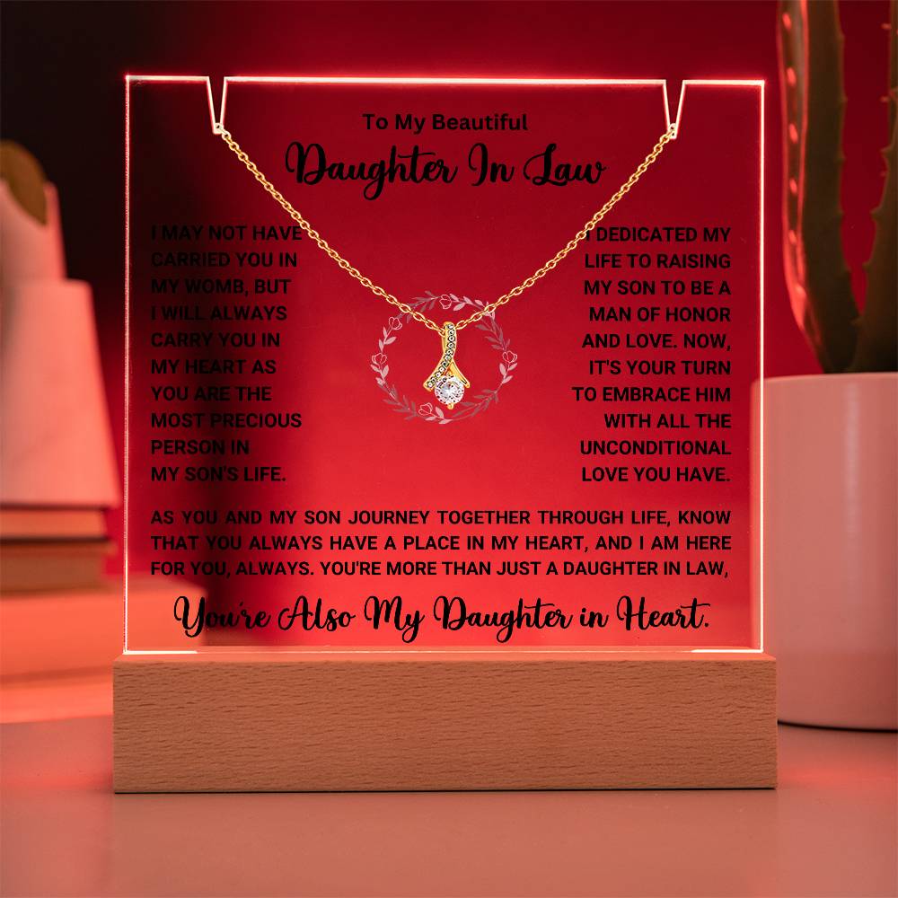 Keepsake acrylic gift with heartfelt message and necklace for daughter-in-law, perfect for showing appreciation and love. Special gift sale.